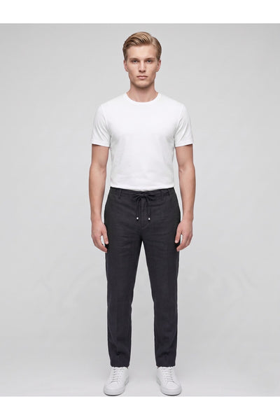 Erkek Keten Pantolon – Bağcıklı Bel, Slim Fit Rahat Kesim Yazlık Pantolon - Siyah