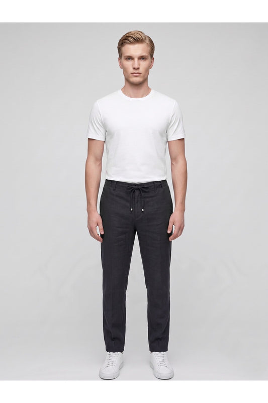 Erkek Keten Pantolon – Bağcıklı Bel, Slim Fit Rahat Kesim Yazlık Pantolon - Siyah