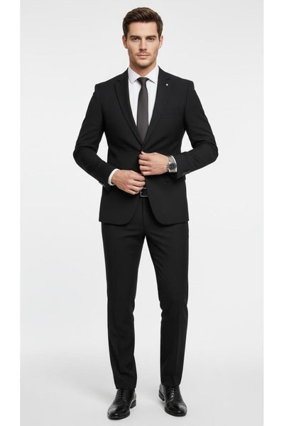 Erkek Slim Fit Mikro Desenli Takım Elbise 2 Düğmeli Çift Yırtmaçlı Modern Ceket Pantolon Takım - Siyah
