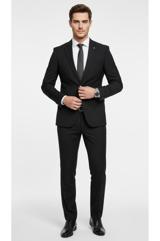 Erkek Slim Fit Mikro Desenli Takım Elbise 2 Düğmeli Çift Yırtmaçlı Modern Ceket Pantolon Takım - Siyah