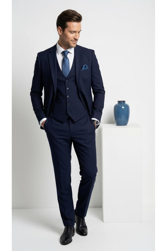 Erkek 3 Parça Slim Fit Takım Elbise –Klasik Likralı Kumaş, Tek Düğme, Çift Yırtmaçlı Modern Kesim ( - Lacivert