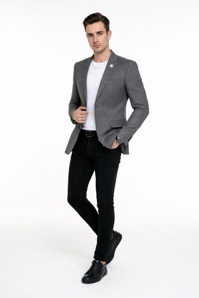 Erkek Mono Yaka Tek Düğmeli Çift Yırtmaçlı Blazer Ceket – Premium Dokuma Kumaş, 8 Renk - Gri