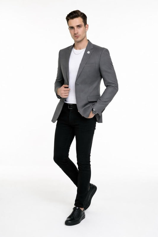 Erkek Mono Yaka Tek Düğmeli Çift Yırtmaçlı Blazer Ceket – Premium Dokuma Kumaş, 8 Renk - Gri