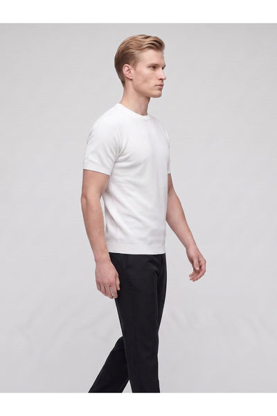 Erkek Bisiklet Yaka Kısa Kollu Triko Tişört – Slim Fit Modern Kesim Yazlık T-Shirt - Beyaz