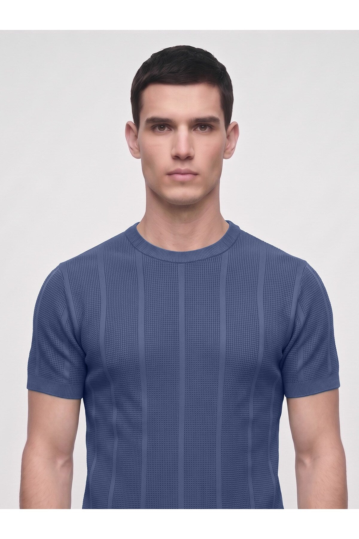 Erkek Bisiklet Yaka Kısa Kollu Triko Tişört – Dokulu Örgü Modern Kesim Yazlık T-Shirt - Lacivert