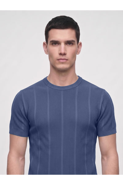 Erkek Bisiklet Yaka Kısa Kollu Triko Tişört – Dokulu Örgü Modern Kesim Yazlık T-Shirt - Lacivert