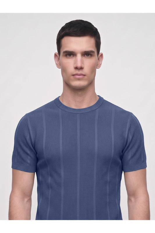 Erkek Bisiklet Yaka Kısa Kollu Triko Tişört – Dokulu Örgü Modern Kesim Yazlık T-Shirt - Lacivert