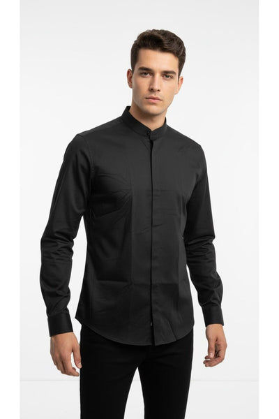 Erkek Hakim Yaka Slim Fit Gömlek – Şık, Modern, Uzun Kollu, Düz Model - Siyah
