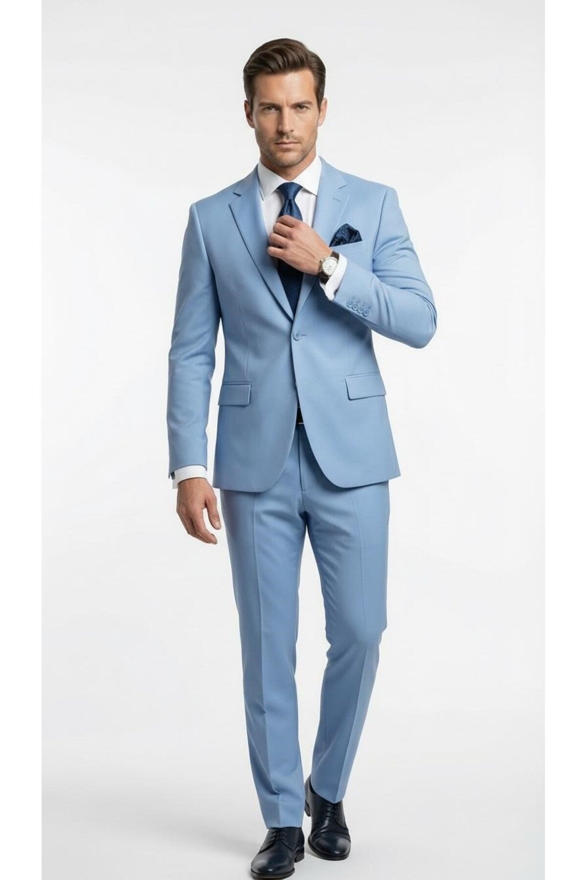 Erkek 3 Parça Slim Fit Takım Elbise –Klasik Likralı Kumaş, Tek Düğme, Çift Yırtmaçlı Modern Kesim ( - Mavi