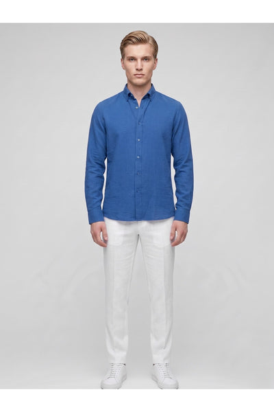 Erkek Keten Müslin Gömlek – Slim Fit Düğmeli Yaka Uzun Kollu Yazlık Gömlek - Mavi