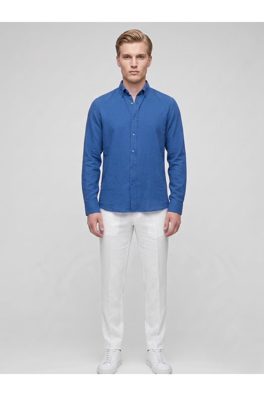 Erkek Keten Müslin Gömlek – Slim Fit Düğmeli Yaka Uzun Kollu Yazlık Gömlek - Mavi
