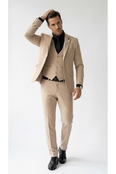 Erkek Klasik Slim Fit Armürlü Kumaş Tek Düğmeli Çift Yırtmaçlı Klasik Yaka Takım Elbise 7 Drop - Bej