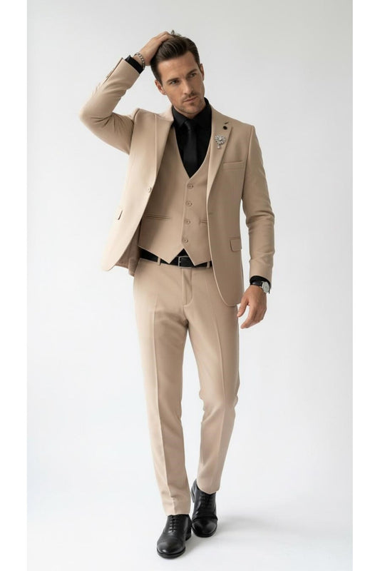 Erkek Klasik Slim Fit Armürlü Kumaş Tek Düğmeli Çift Yırtmaçlı Klasik Yaka Takım Elbise 7 Drop - Bej