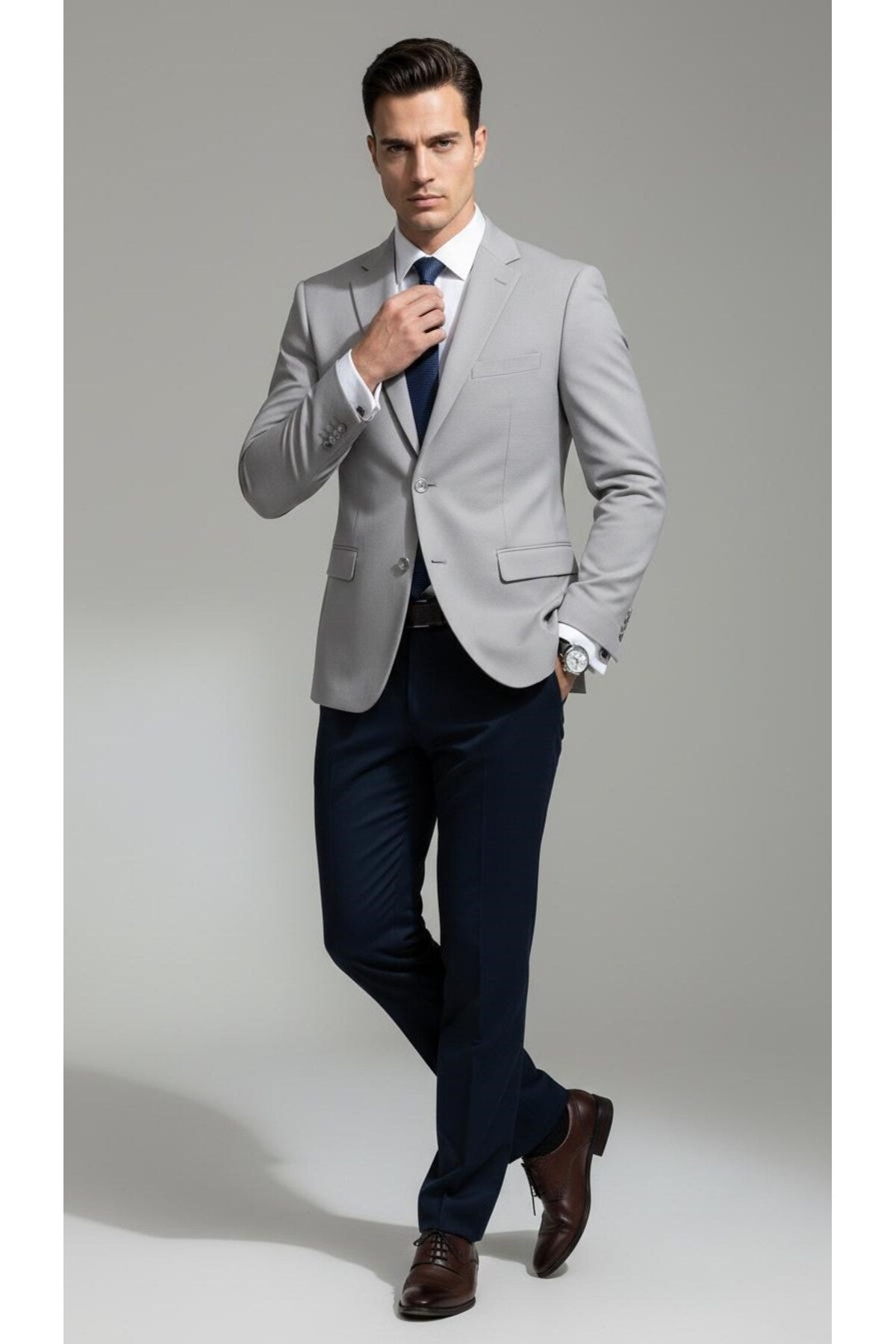 Slim Fit Mikro Desenli Erkek Ceket Yazlık Pike Kumaş Çift Yırtmaç Blazer - Gri