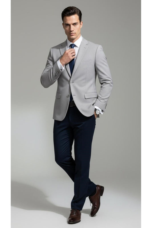 Slim Fit Mikro Desenli Erkek Ceket Yazlık Pike Kumaş Çift Yırtmaç Blazer - Gri