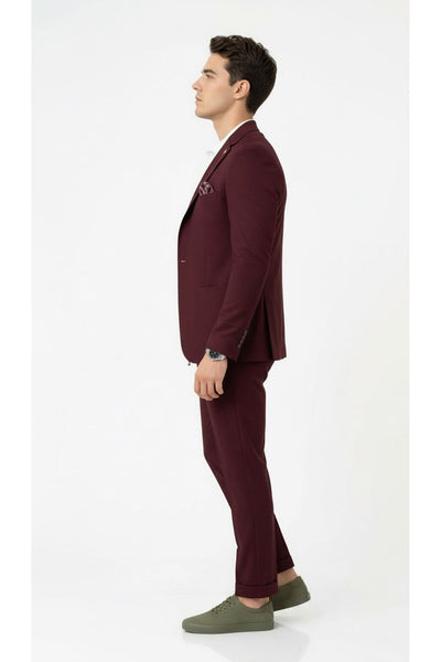 Pike Kumaş Jogger Pantolonlu Erkek Takım Elbise – Torba Cepli Tek Düğme Slim Fit Kombin - Bordo