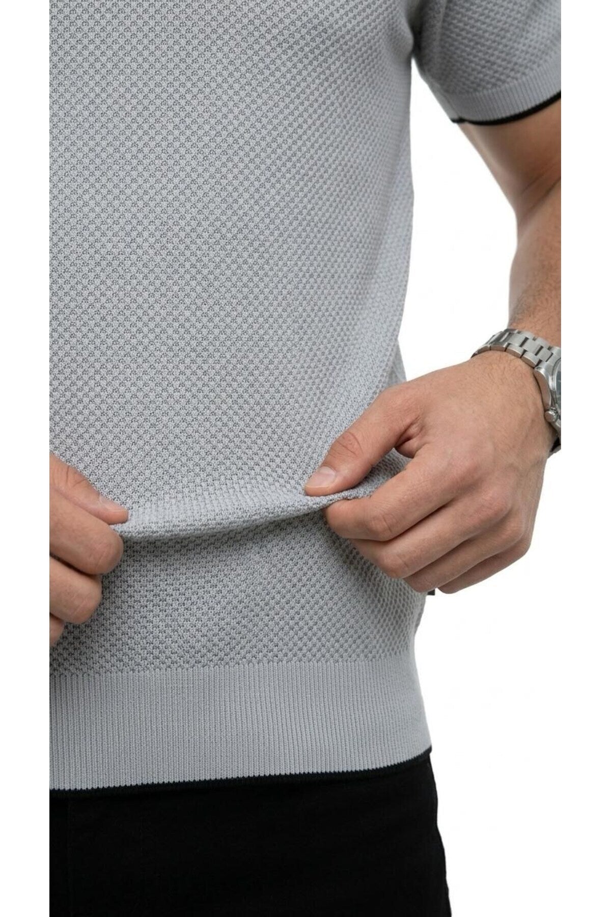 Erkek Pike Dokulu Triko Polo Yaka Tişört Slim Fit Şerit Detaylı Yazlık Model - Gri