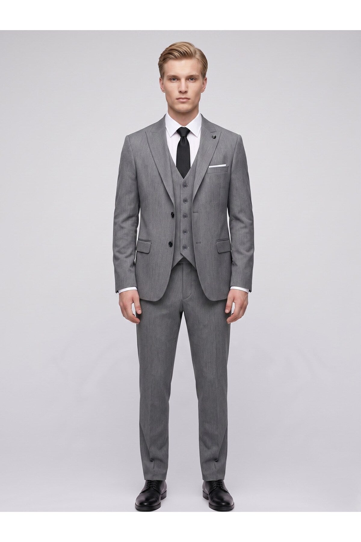 Erkek 3 Parça Slim Fit Çift Yırtmaçlı Takım Elbise Yelekli Şık Klasik Takım 6 Drop - Gri
