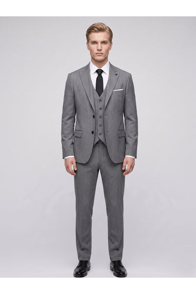 Erkek 3 Parça Slim Fit Çift Yırtmaçlı Takım Elbise Yelekli Şık Klasik Takım 6 Drop - Gri