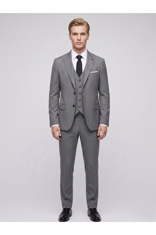 Erkek 3 Parça Slim Fit Çift Yırtmaçlı Takım Elbise Yelekli Şık Klasik Takım 6 Drop - Gri