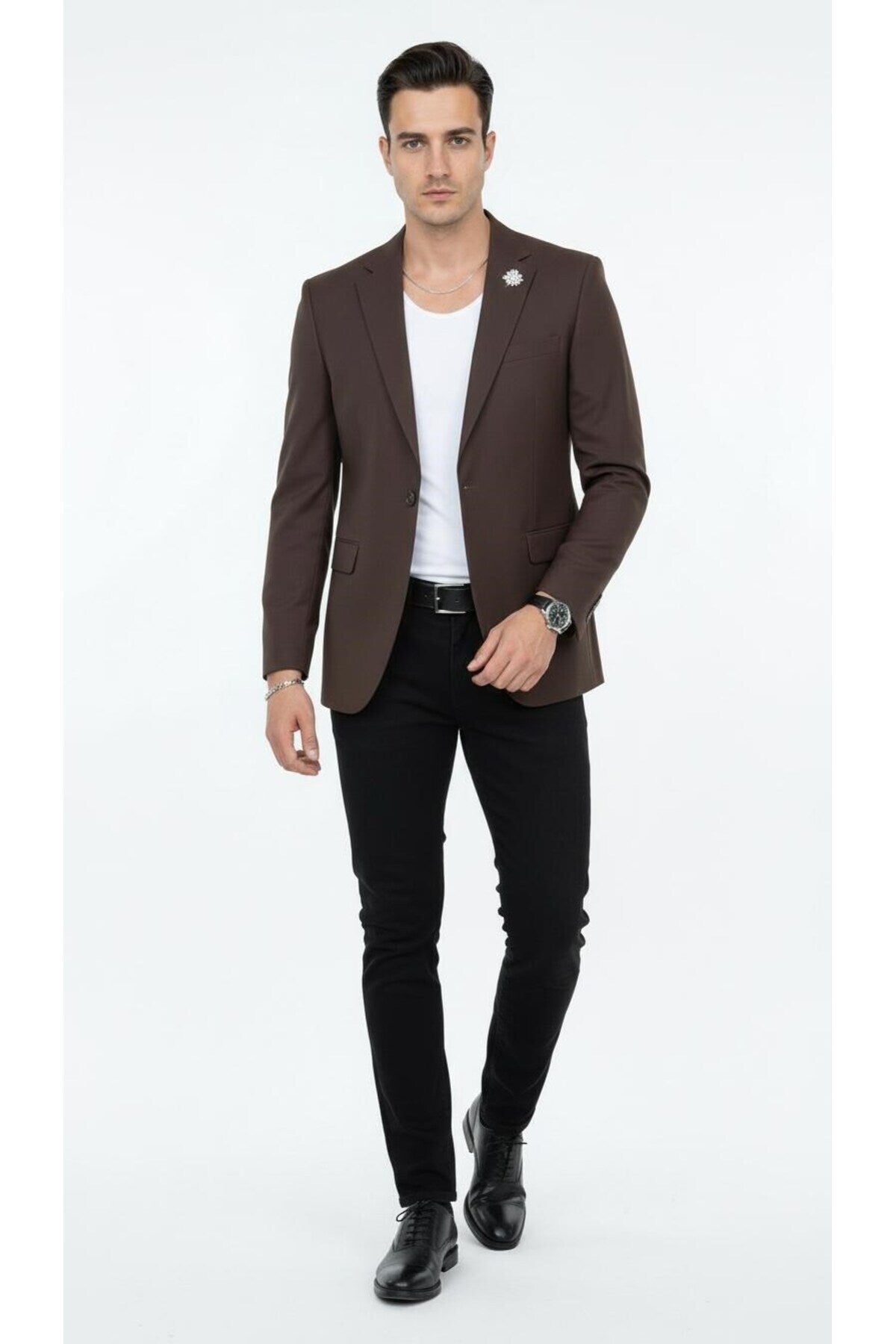 Erkek Mono Yaka Tek Düğmeli Çift Yırtmaçlı Blazer Ceket – Premium Dokuma Kumaş, 8 Renk - Kahverengi