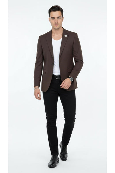 Erkek Mono Yaka Tek Düğmeli Çift Yırtmaçlı Blazer Ceket – Premium Dokuma Kumaş, 8 Renk - Kahverengi