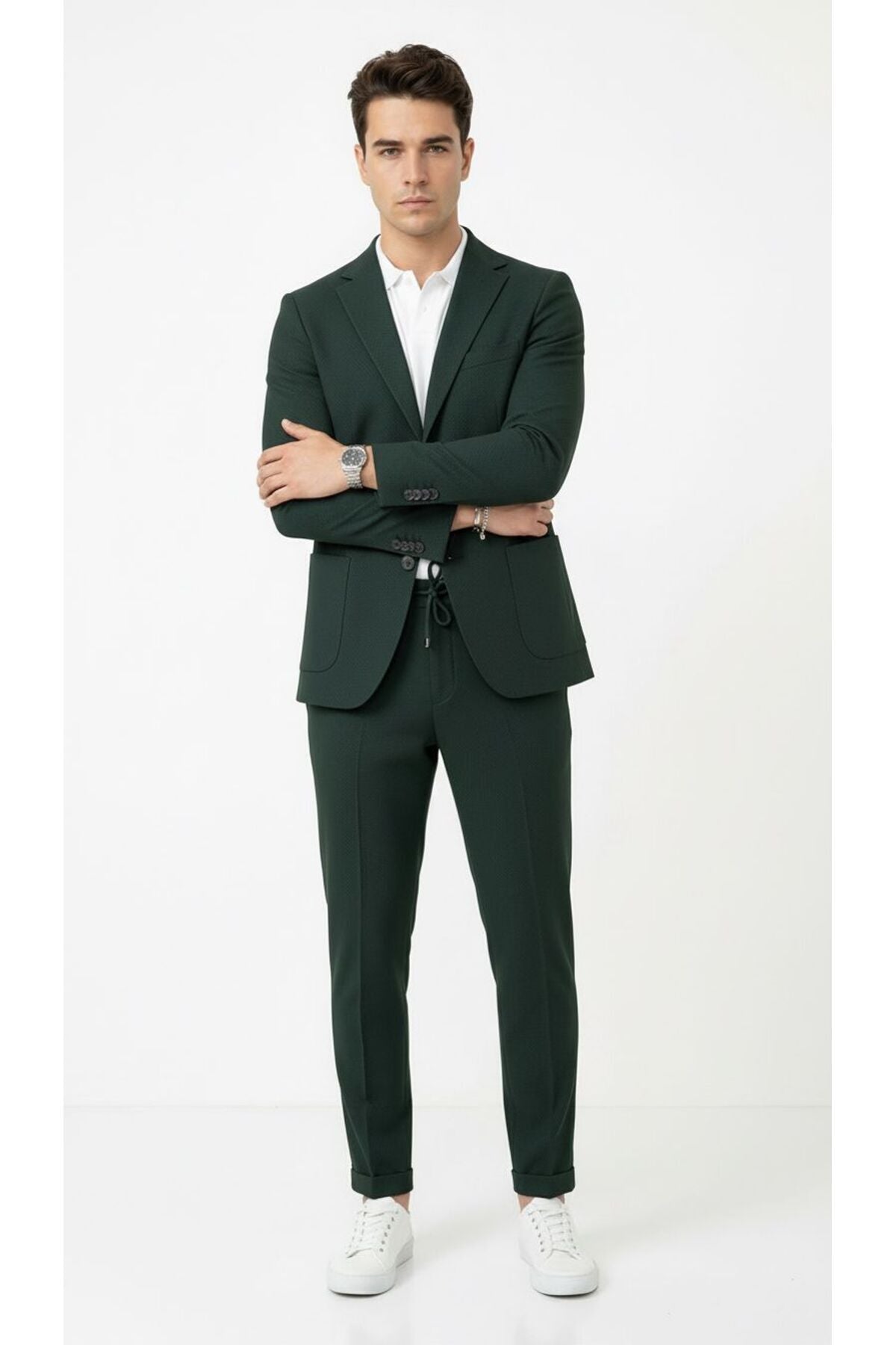 Pike Kumaş Jogger Pantolonlu Erkek Takım Elbise – Torba Cepli Tek Düğme Slim Fit Kombin - Yeşil