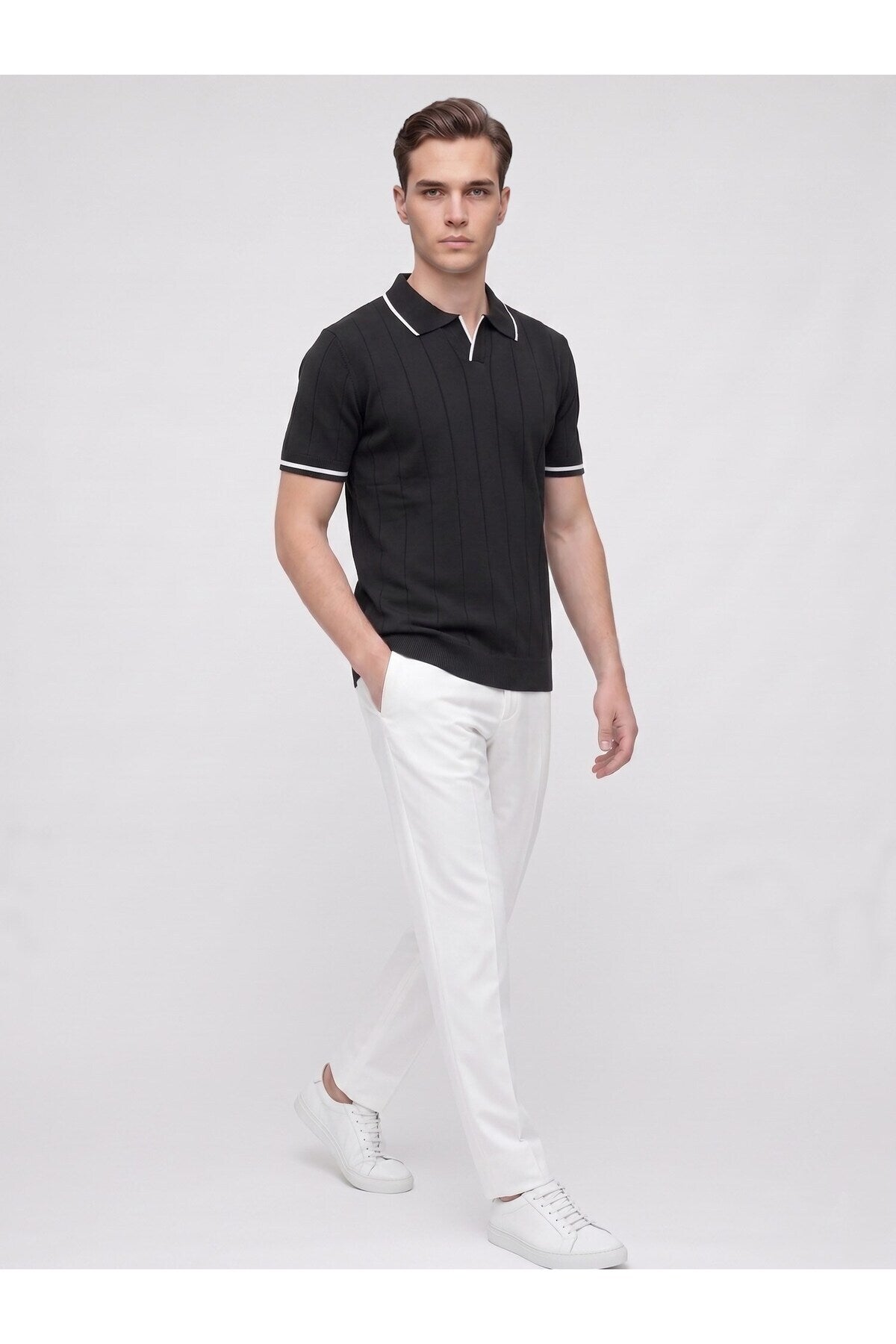 Erkek Polo Yaka Triko Kısa Kollu T-Shirt - Siyah