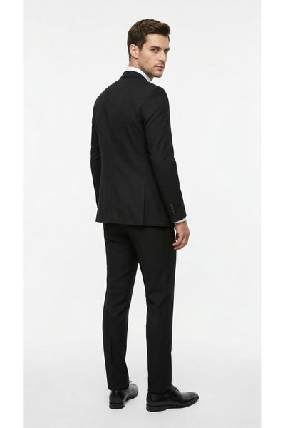 Erkek Slim Fit Mikro Desenli Takım Elbise 2 Düğmeli Çift Yırtmaçlı Modern Ceket Pantolon Takım - Siyah