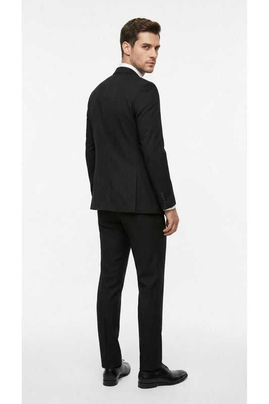Erkek Slim Fit Mikro Desenli Takım Elbise 2 Düğmeli Çift Yırtmaçlı Modern Ceket Pantolon Takım - Siyah