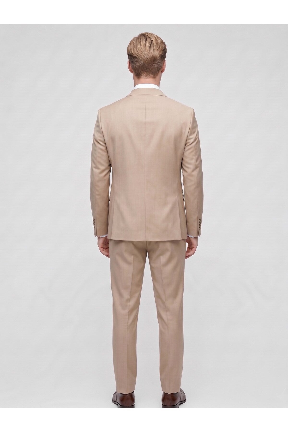 Erkek 3 Parça Slim Fit Çift Yırtmaçlı Takım Elbise Yelekli Şık Klasik Takım 6 Drop - Bej