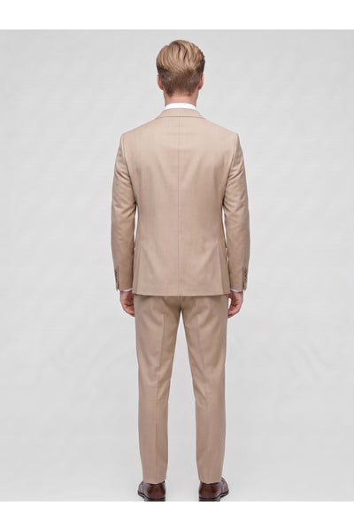 Erkek 3 Parça Slim Fit Çift Yırtmaçlı Takım Elbise Yelekli Şık Klasik Takım 6 Drop - Bej
