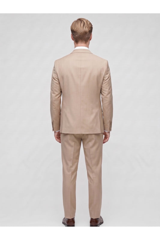 Erkek 3 Parça Slim Fit Çift Yırtmaçlı Takım Elbise Yelekli Şık Klasik Takım 6 Drop - Bej