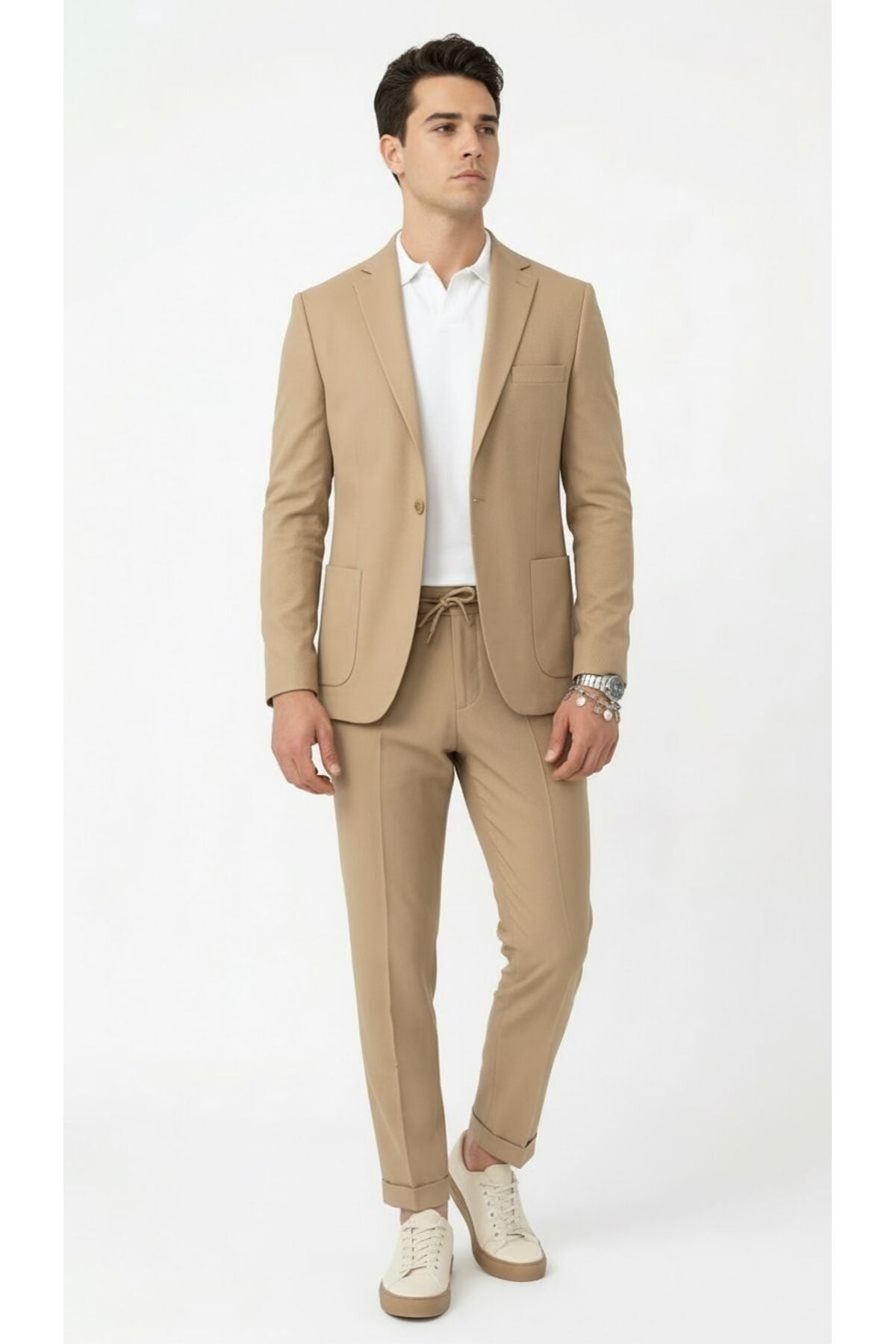 Pike Kumaş Jogger Pantolonlu Erkek Takım Elbise – Torba Cepli Tek Düğme Slim Fit Kombin - Bej