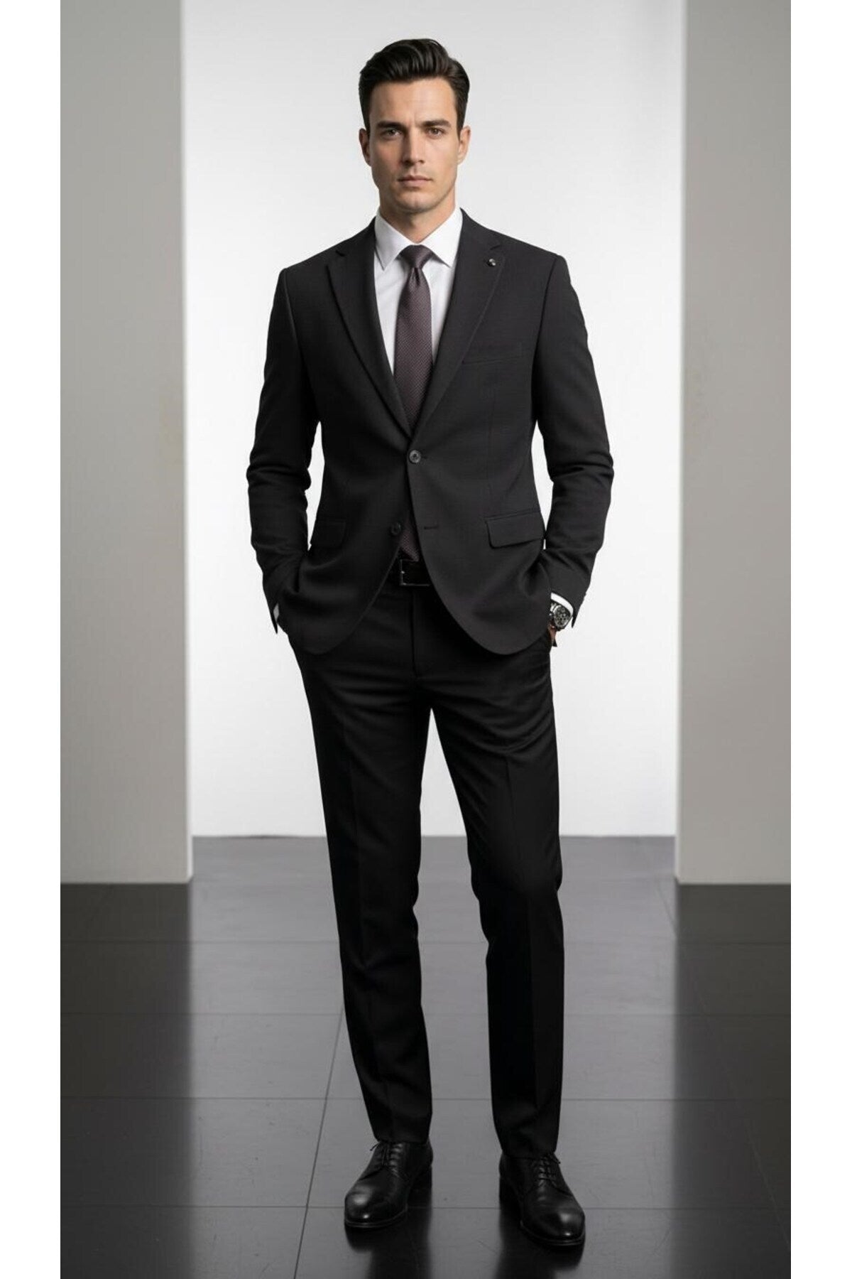 Slim Fit Mikro Desenli Erkek Ceket Yazlık Pike Kumaş Çift Yırtmaç Blazer - Siyah