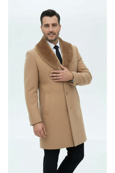 Erkek Uzun Kaşe Kaban – Çıkartılabilir Kürk Yaka, Astarlı ve Cepli Slim Fit Mont (Bej, - Bej