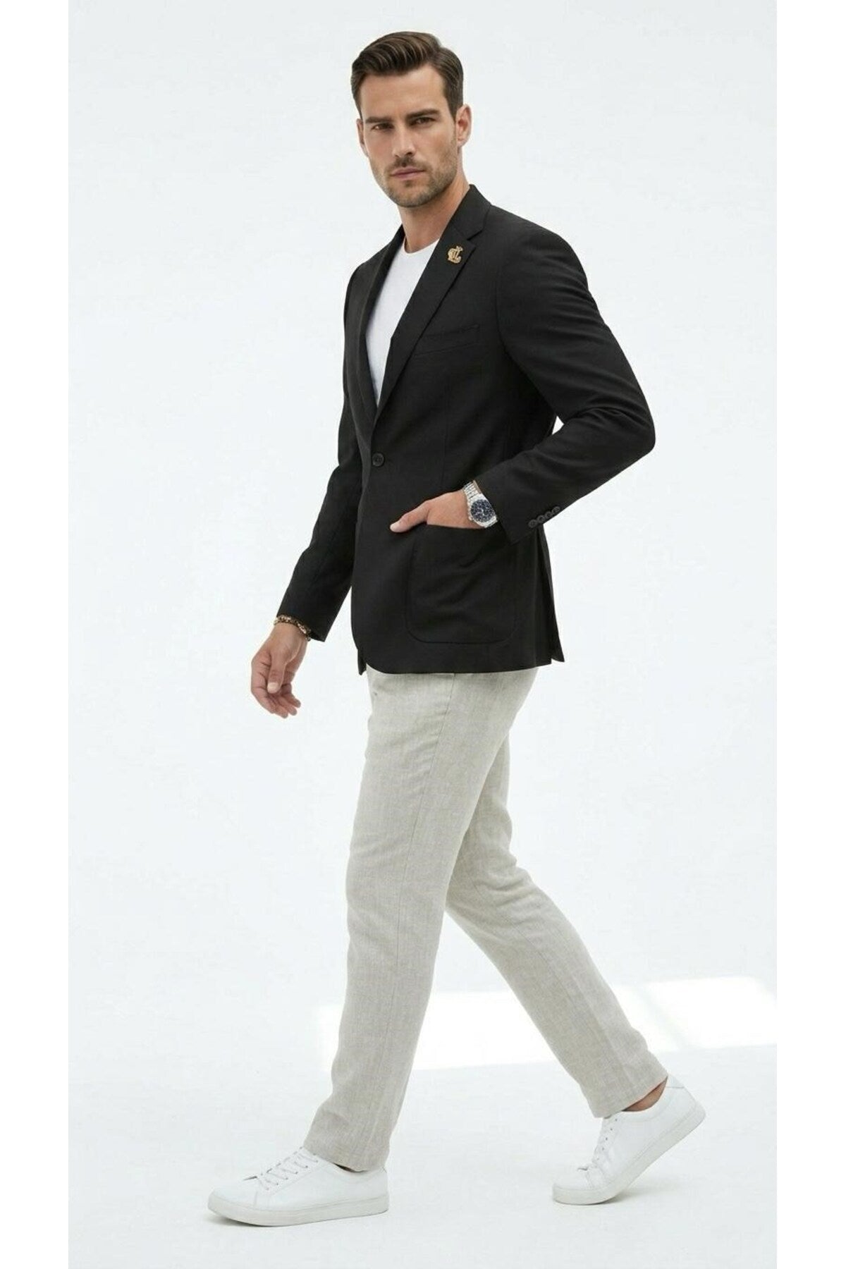 Erkek Slim Fit Blazer Ceket Tek Düğmeli Çift Yırtmaçlı Torba Cepli Yarım Astarlı - Siyah