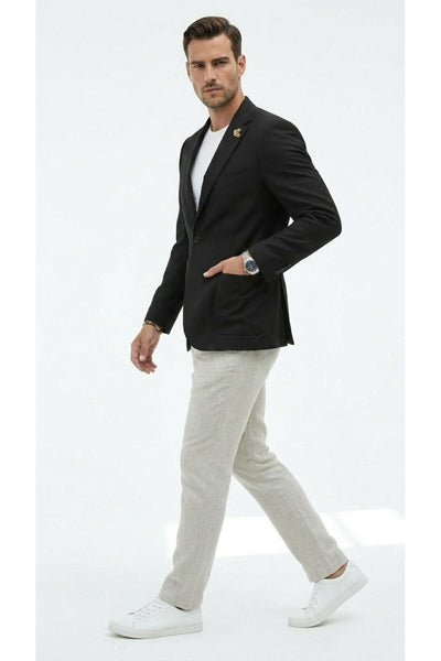 Erkek Slim Fit Blazer Ceket Tek Düğmeli Çift Yırtmaçlı Torba Cepli Yarım Astarlı - Siyah