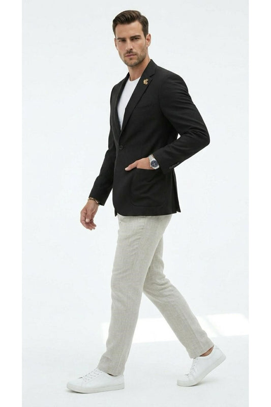Erkek Slim Fit Blazer Ceket Tek Düğmeli Çift Yırtmaçlı Torba Cepli Yarım Astarlı - Siyah