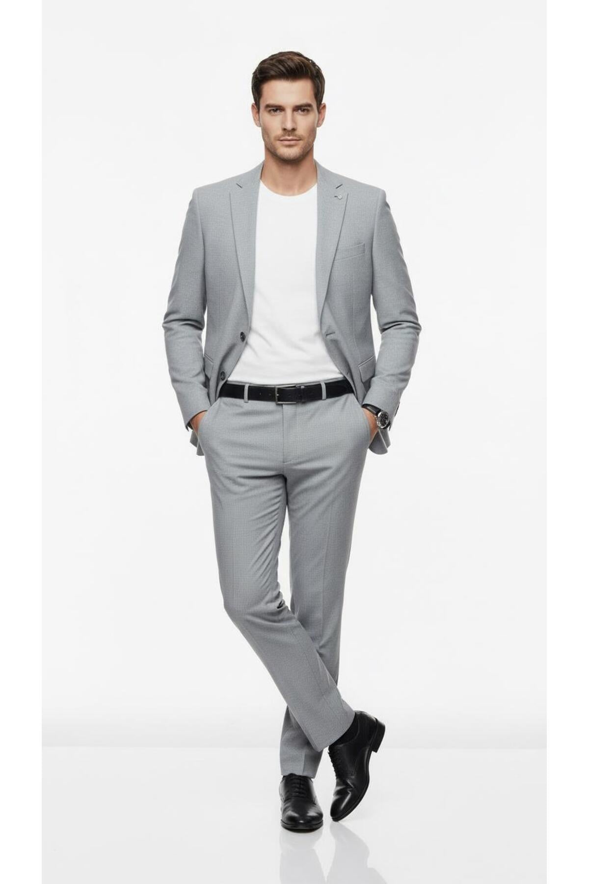 Erkek Slim Fit Mikro Desenli Takım Elbise 2 Düğmeli Çift Yırtmaçlı Modern Ceket Pantolon Takım - Gri