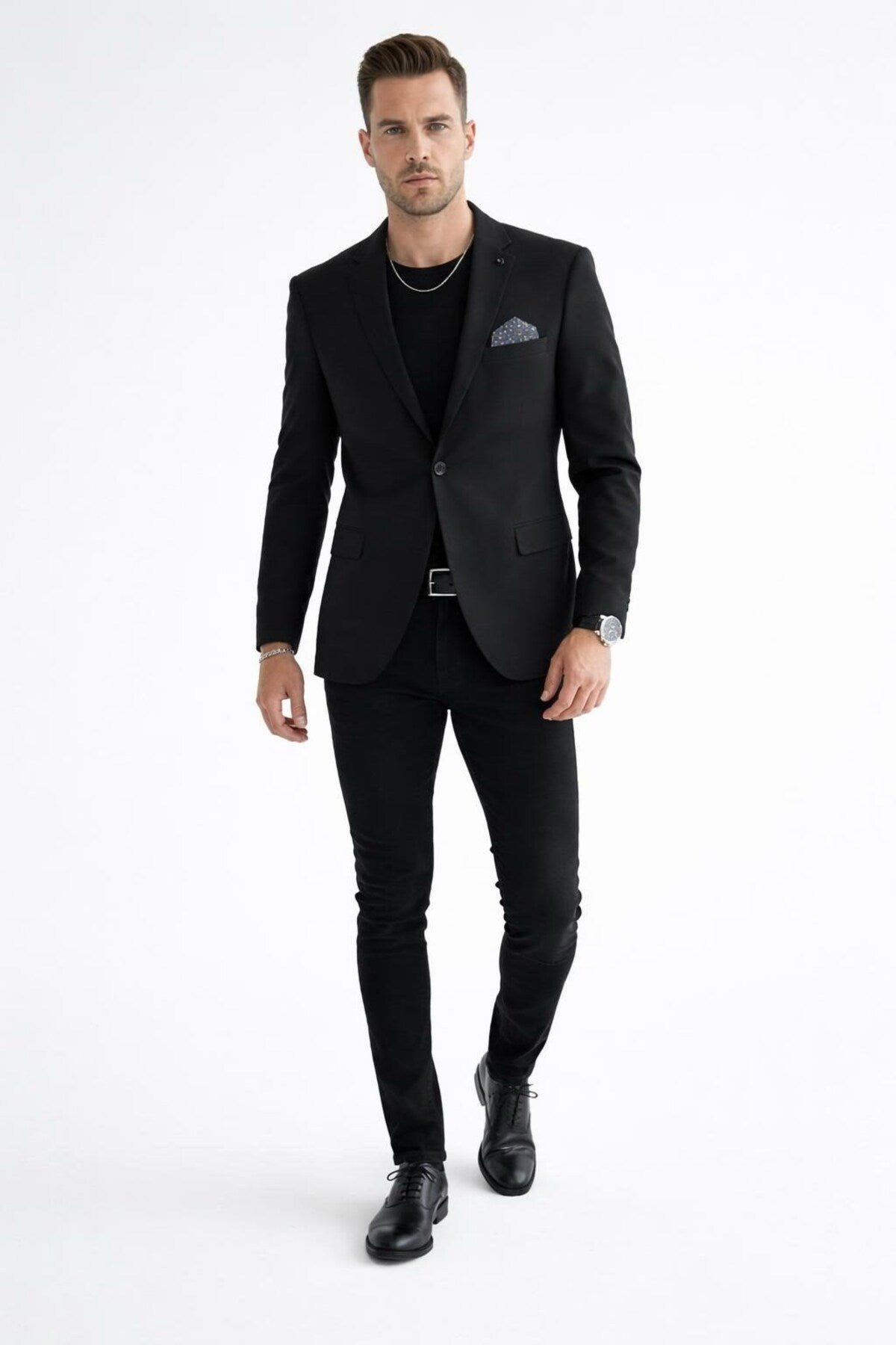 Erkek Mono Yaka Tek Düğmeli Çift Yırtmaçlı Blazer Ceket – Premium Dokuma Kumaş, 8 Renk - Siyah