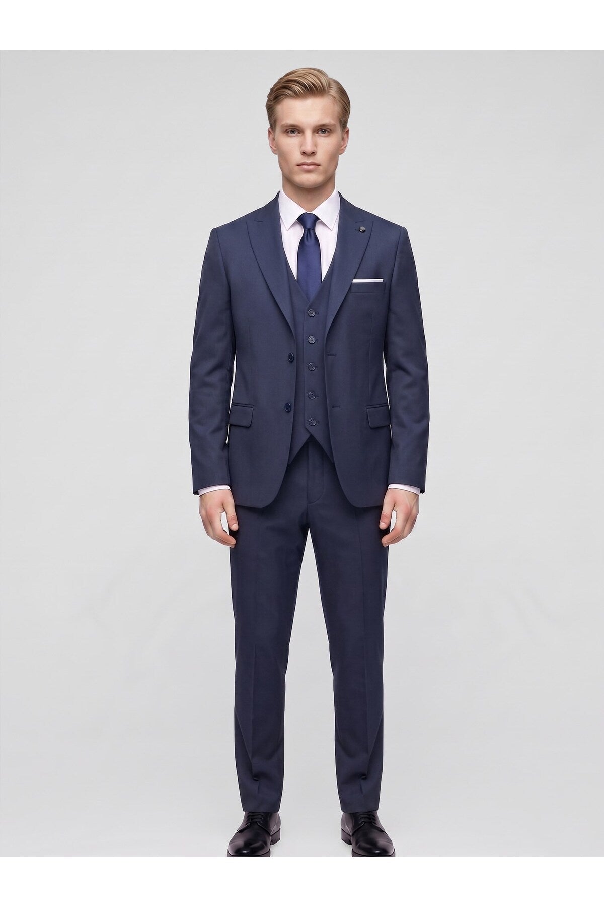 Erkek 3 Parça Slim Fit Çift Yırtmaçlı Takım Elbise Yelekli Şık Klasik Takım 6 Drop - Lacivert