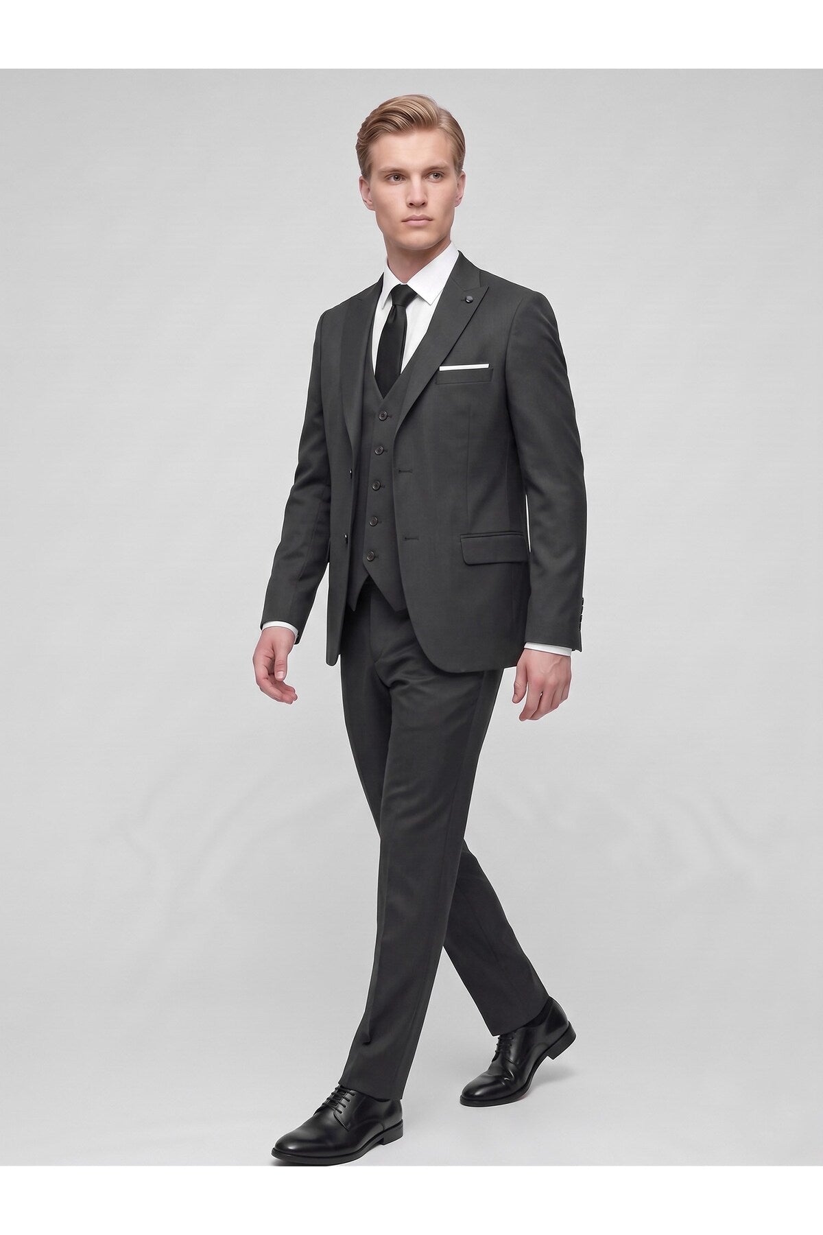 Erkek 3 Parça Slim Fit Çift Yırtmaçlı Takım Elbise Yelekli Şık Klasik Takım 6 Drop - Siyah