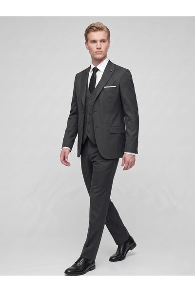 Erkek 3 Parça Slim Fit Çift Yırtmaçlı Takım Elbise Yelekli Şık Klasik Takım 6 Drop - Siyah