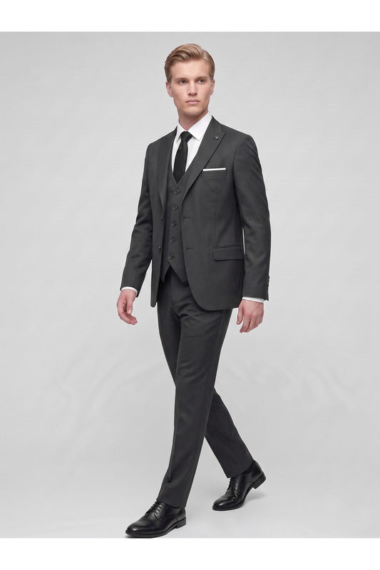 Erkek 3 Parça Slim Fit Çift Yırtmaçlı Takım Elbise Yelekli Şık Klasik Takım 6 Drop - Siyah