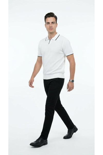 Erkek Pike Dokulu Triko Polo Yaka Tişört Slim Fit Şerit Detaylı Yazlık Model - Beyaz