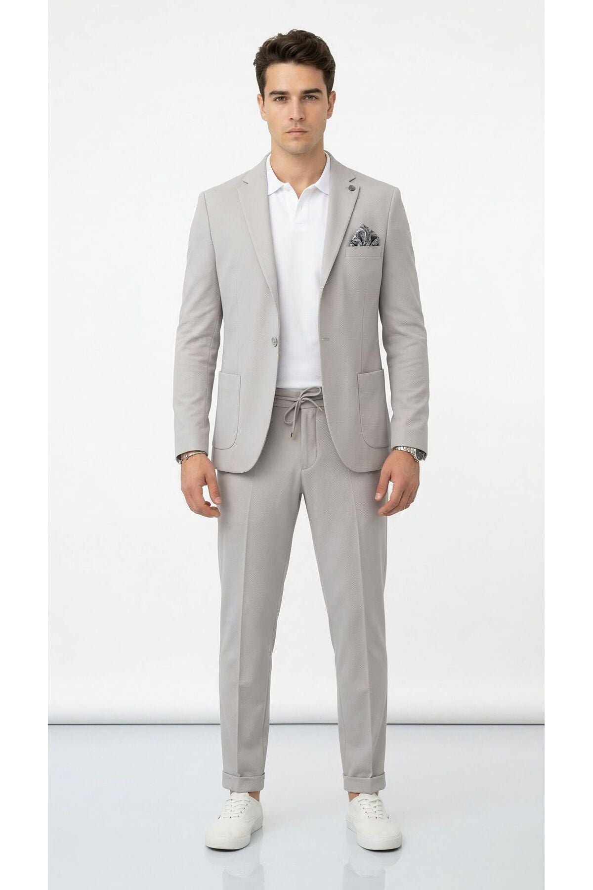 Pike Kumaş Jogger Pantolonlu Erkek Takım Elbise – Torba Cepli Tek Düğme Slim Fit Kombin - Gri