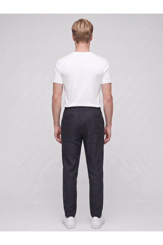 Erkek Keten Pantolon – Bağcıklı Bel, Slim Fit Rahat Kesim Yazlık Pantolon - Siyah