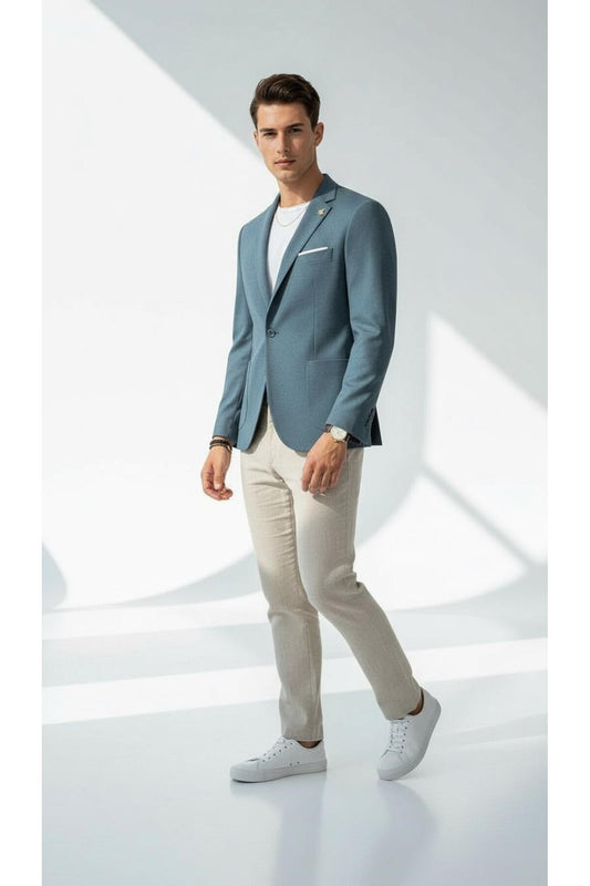 Erkek Slim Fit Blazer Ceket Tek Düğmeli Çift Yırtmaçlı Torba Cepli Yarım Astarlı - Mavi