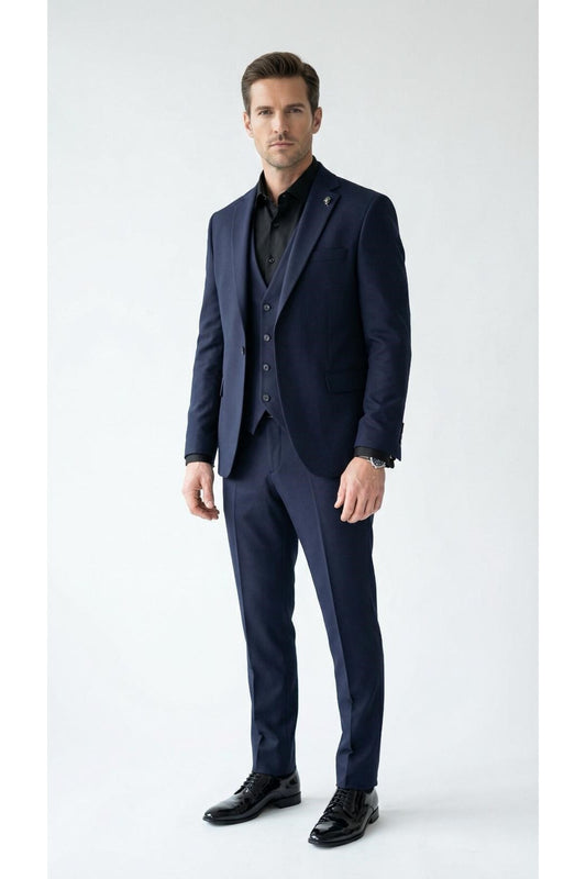 Erkek Klasik Slim Fit Armürlü Kumaş Tek Düğmeli Çift Yırtmaçlı Klasik Yaka Takım Elbise 7 Drop - Lacivert